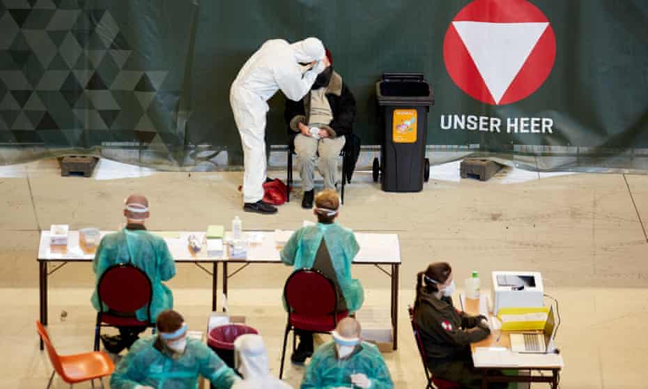 A citizen receives Covid-19 test inside the Wiener Stadthalle in Vienna, Austria.