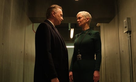 Prime Minister Robert Sutherland (Robert Carlyle, left) with Anna Marshall (Victoria Hamilton) in Cobra: Rebellion