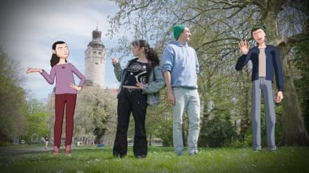 Two young adults stood next to animated avatars in a park