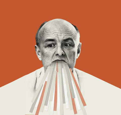 Illustration of Dominic Cummings with strips of paper spewing out of his mouth