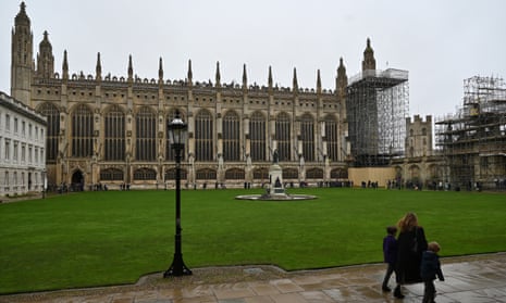 Work underway to install solar panels on the roof of King's College chapel, Cambridge University