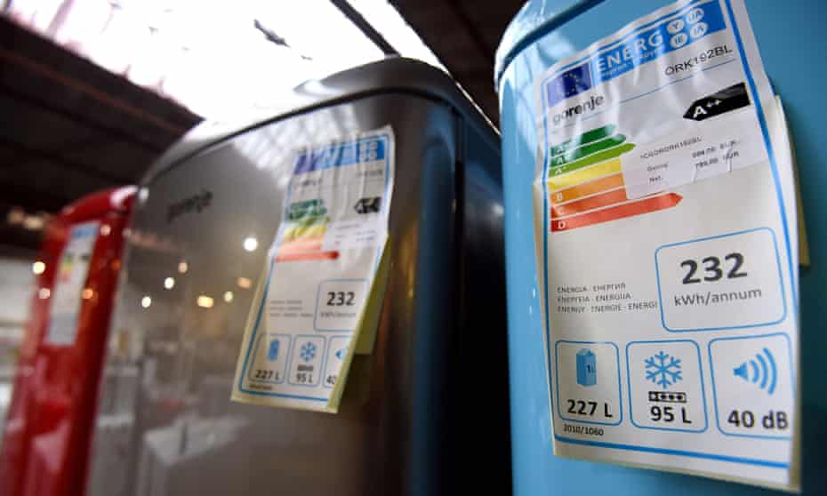 energy rating labels on refrigerators in a store in Brussels