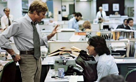 Robert Redford as Bob Woodward and Dustin Hoffman as Carl Bernstein in All the President’s Men.