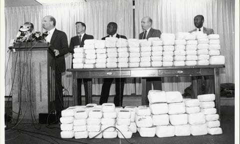 Drug Enforcement Agency chief Bob Stutman with drugs shipped to the US by the Medellin cartel. 