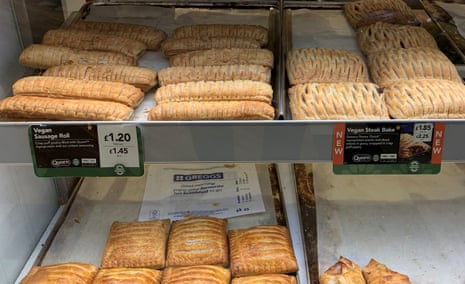 Vegan sausage rolls and steak bakes on sale in a Greggs bakery