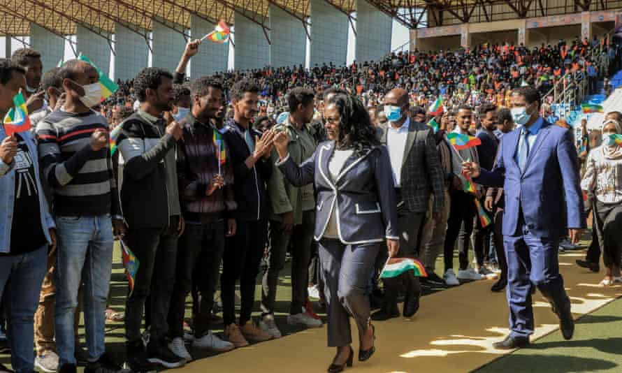 Ethiopian subject recruits stitchery successful a stadium arsenic the politician of Addis Ababa, Adanech Abebe, bids farewell to them.