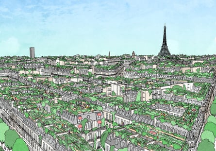 An illustration showing a view towards the Eiffel Tower across rooftops covered in greenery.