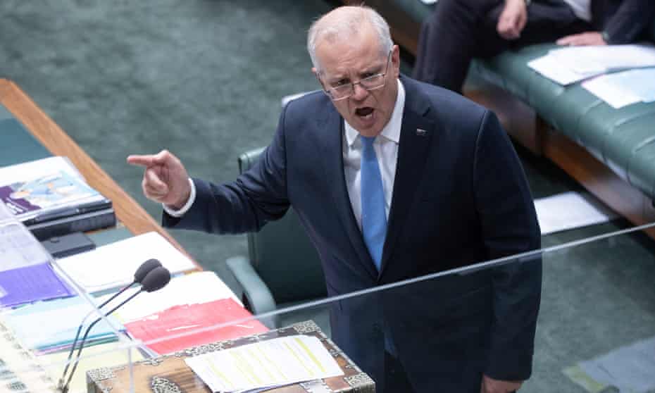 The prime minister Scott Morrison during question time in the house of representatives of Parliament House in Canberra
