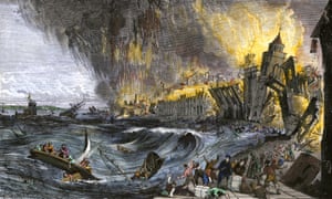 A painting of the earthquake and tidal wave causing destruction of buildings in Lisbon in 1755.