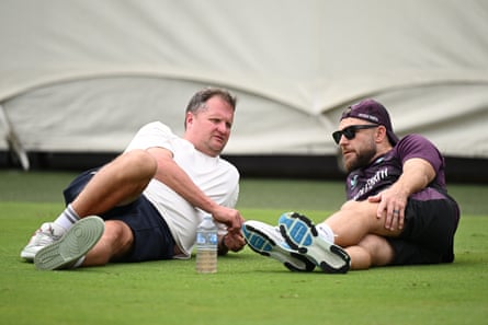 England men’s cricket managing director, Rob Key, and coach Brendon McCullum, chat on the outfield at the Sydney Cricket Ground.
