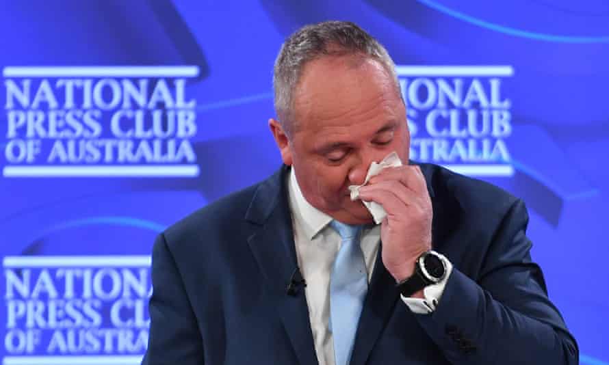 Barnaby Joyce suffers from a bleeding nose during his address to the National Press Club in Canberra