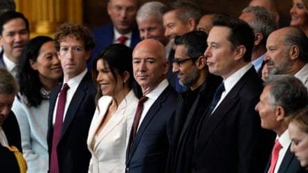 Bezos, Musk and Pichai in suits, standing in a line