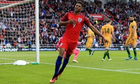 Marcus Rashford celebrates after scoring against Australia in 2016.