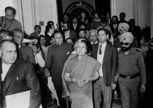 The Congress leader Indira Gandhi (1917-1984) leaving the Shah commission inquiry at Patiala House in Delhi on 19 January 1978. The one-person commission was tasked with investigating the excesses committed by government during an emergency period imposed by Gandhi between June 1975 and January 1977