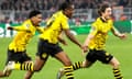 Marcel Sabitzer (right) celebrates Dortmund’s aggregate winner.