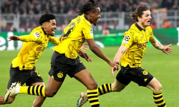 Marcel Sabitzer celebrates after scoring Borussia Dortmund’s aggregate winner