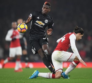 Paul Pogba of Manchester United stamps on Hector Bellerin of Arsenal and is later sent off for the challenge during the Premier League 1 v 3 win between Arsenal and Manchester United at Emirates Stadium. Paul Pogba received his first red card in league competition since May 2013 for Juventus v Palermo