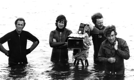 Steven Spielberg and others with a camera in the water