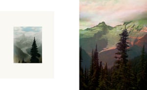 Comparative images are used to show glacier retreat. Peter Funch sourced historic postcards of Mount Rainer then replicated the image at the present time.
