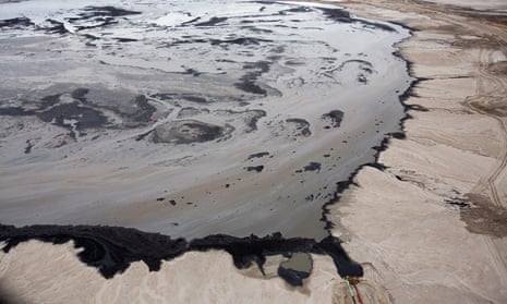 A Shell tailings pond at a tar sands operation near Fort McMurray, Alberta, Canada. 