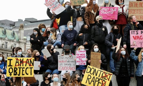 People in Trafalgar Square, central London, stage a protest over violence against women in April 2021.