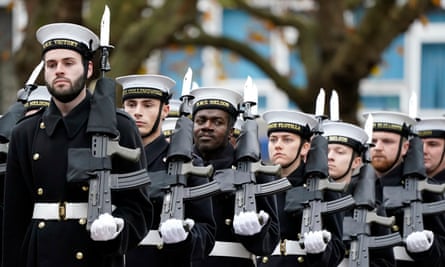 Parade of Royal Navy personnel some with beards