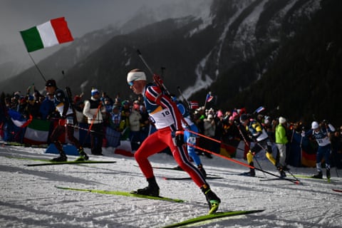 Norway's Johannes Dale-Skjevdal competes during the men's biathlon 15km mass start