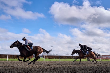 Old Park Star ridden by Nico de Boinville (left) during a gallops morning at Kempton Park Racecourse.