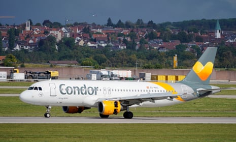 A Condor Airbus A320 lands at Stuttgart airport, Germany.