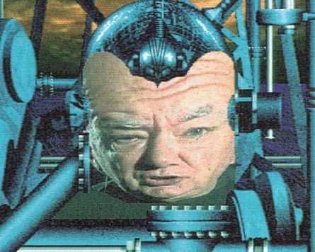 A still from TV programme GamesMaster showing Patrick Moore looking like a robot.