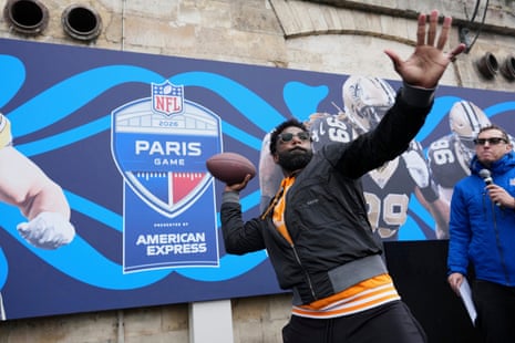 Former Pittsburgh Steelers player Donte Stallworth participates in the Hail Mary event on the banks of the Seine river in Paris, Friday, 23 October, 2026 in the build up to the Saints against Steelers NFL game.