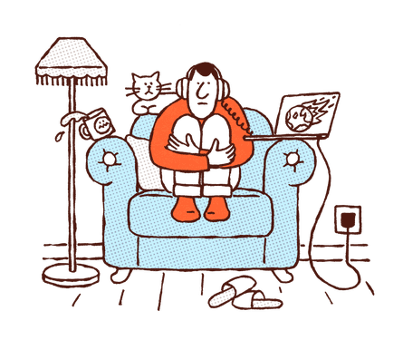illustration of person looking tentative on armchair