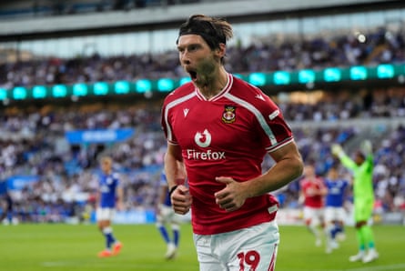 Wrexham’s Kieffer Moore celebrates scoring against Cardiff