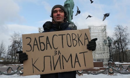 Arshak Makichyan, 27, of Fridays for Future Russia taking part in a single-person demonstration in Moscow in February 2020.