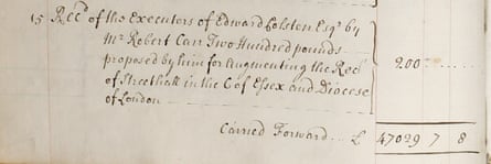 รายการบัญชีแยกประเภทบัญชีแยกประเภทของ Queen Anne's Bounty 3 แสดงเงินที่ได้รับจากผู้ดำเนินการของ Edward Colston