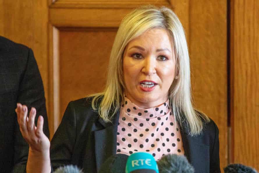Michelle O’Neill speaking to the media at Stormont today.