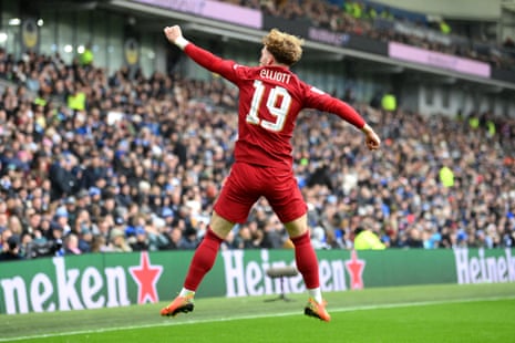 Harvey Elliott celebrates the opener for the away side.