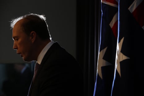 The immigration minister, Peter Dutton, at a press conference in the Blue Room of Parliament House this morning.