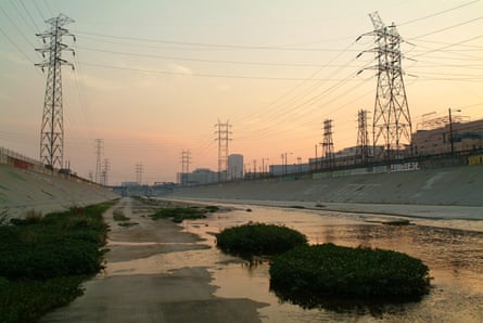 The downtown Los Angeles River at sunset.