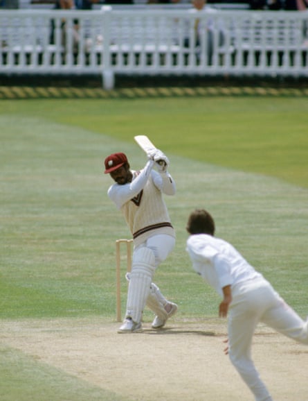 Gordon Greenidge batting for West Indies during his innings of 214 in the 2nd Test match between England and West Indies at Lord’s Cricket Ground, London on 3 July 1984. The bowler for England is Neil Foster.