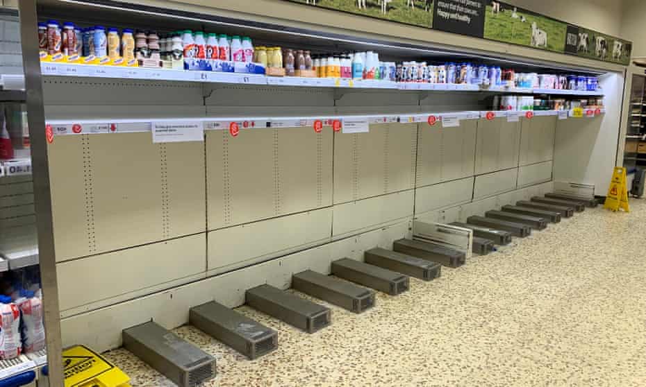 Empty shelves in a Tesco supermarket in Chorley, UK
