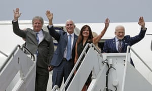 From left: Neil Armstrong’s son Rick, Mike Pence, Karen Pence and Buzz Aldrin at Kennedy Space Center.