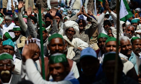 Indian farmers protesting against proposed land reforms in New Delhi.
