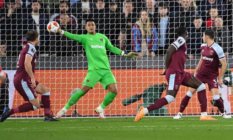 Alphonse Areola makes a save for West Ham against Sevilla in March.