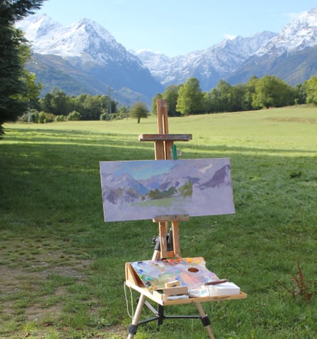 Easel looking ay mountains at Ancienne Poste Art Retreat, France