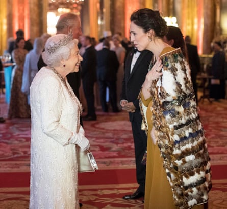 The Queen greets Jacinda Ardern in the blue drawing room at Buckingham Palace on Thursday.