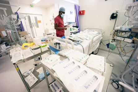 The equipment seen on each bed is for a single patient’s care.