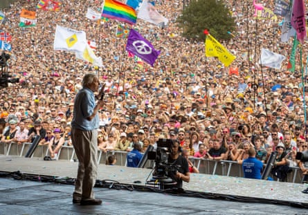 Sir David Attenborough in 2019, speaking at Glastonbury Festival.