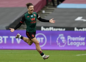 Aston Villa’s Jack Grealish celebrates scoring their first goal.