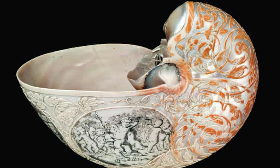 A nautilus shell, carved by Dutch artist Johannes Belkien in the late 1600s, collected by Hans Sloane.